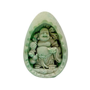 Vintage Carved Green Stone Laughing Buddha Egg Sculpture 6” Feng Shui Decor EUC